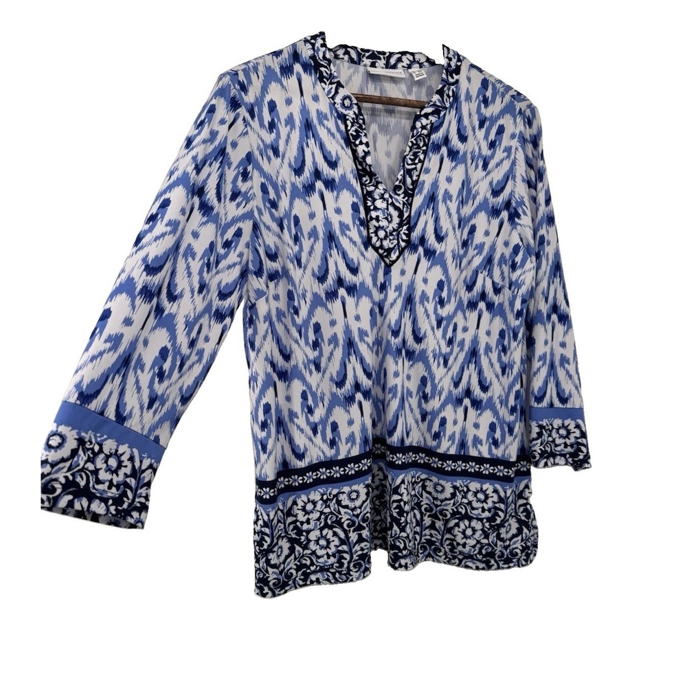 Susan Graver Printed Liquid Knit Split-Neck Tunic Navy Blue Stretch 3/4th Sleeve